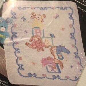 Janlynn Stamped Cross Stitch Sleepy Bunnies Baby Crib Quilt kit #54-46, handmade